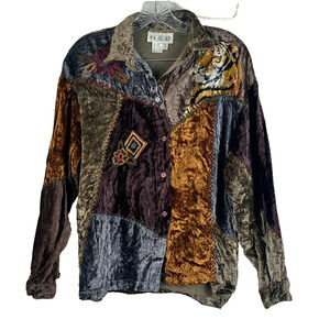 Together! Shirt Women's M Button Up Velvet Embroidered Patchwork Tiger & Flowers